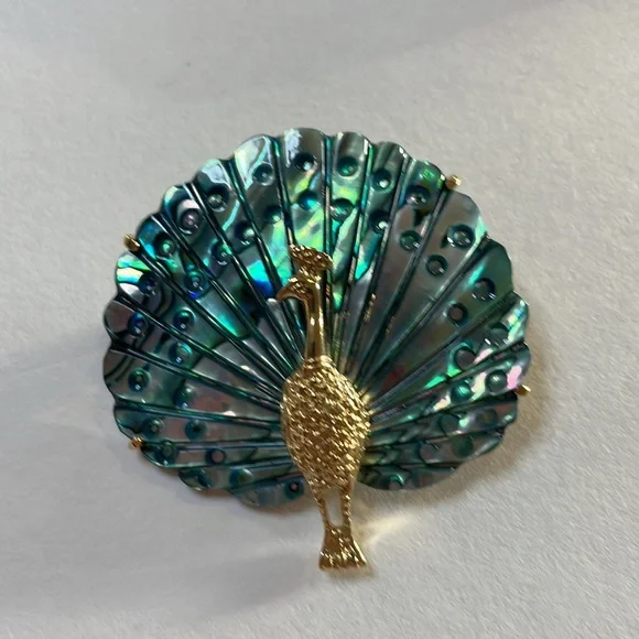 Vintage Abalone Shell "Sea Opal" Gold Plated Peacock Brooch - Picture 2 of 5